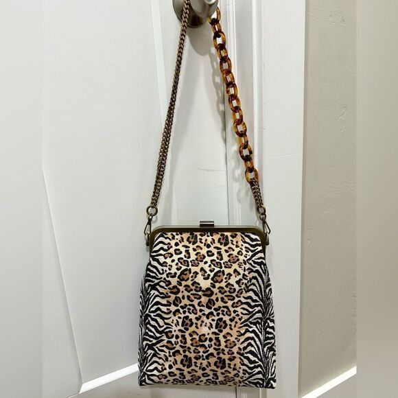 Handmade Genuine Embossed Leather Leopard Print, Metal Frame Handbag/Crossbody - Picture 1 of 14